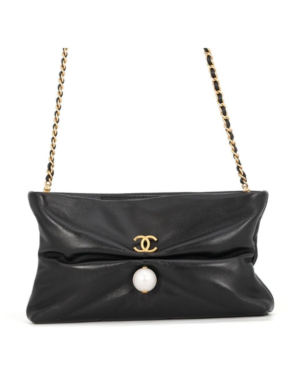 Chanel Chain Shoulder Bag CC Logo Clutch Faux Pearl Shiny Lambskin 2-Way Black
